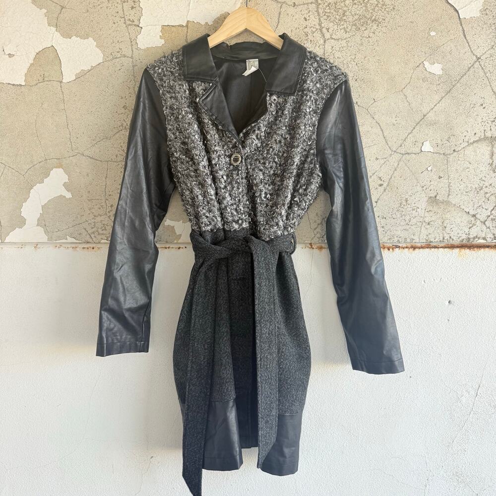 Vtg 90s Belted Coat Long Faux Leather Sleeves‎ Boucle Knit Jacket Womens M USA